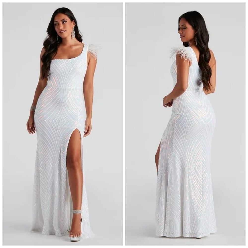 Windsor Hanna Formal Iridescent Sequin Feather Maxi Dress Size Medium White